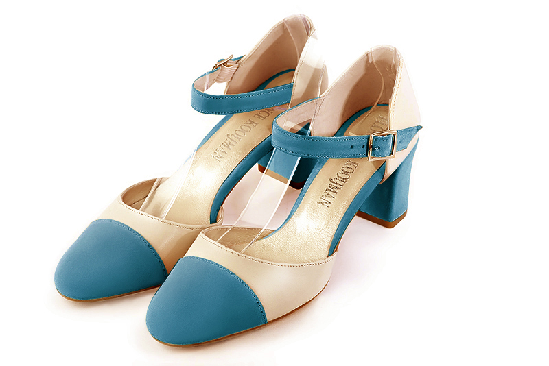 Peacock blue and champagne white women's open side shoes, with an instep strap. Round toe. Medium block heels. Front view - Florence KOOIJMAN